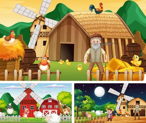 Set of farm scenes at different times Stock Illustration