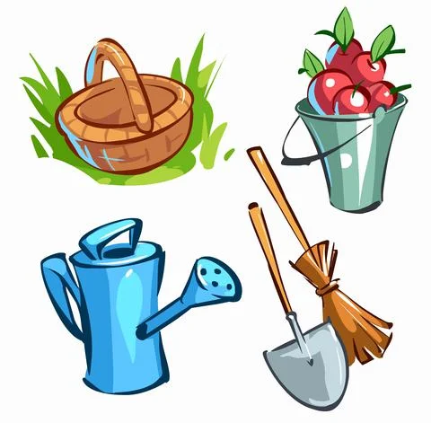 Set farm tools cartoon vector illustration. Garden cute instruments icon coll Stock Illustration