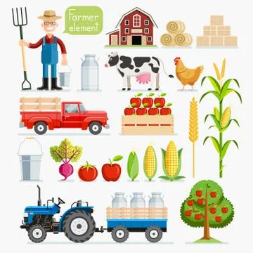 Set of farmer element. Farmer and Farm animals. Vector illustrations. Stock Illustration