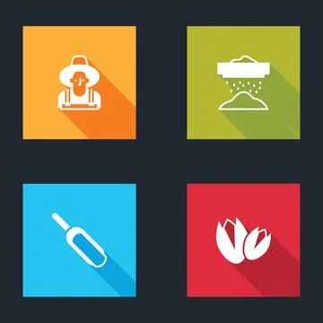 Set Farmer in the hat, Sifting flour, Scoop and Pistachio nuts icon. Vector Illustrazione stock