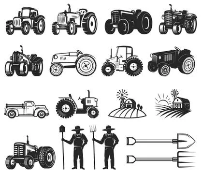 Set of farmers market design elements. Tractor icons. Design elements for log Stock Illustration