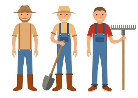 Set of farmers using agricultural tools.Set men Cartoon character the flat st Stock Illustration