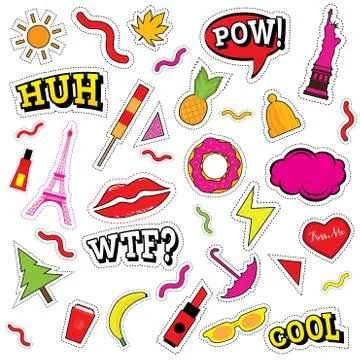 Set of Fashion Patch Badges with Lips, Heart and Other Elements. Illustrazione stock