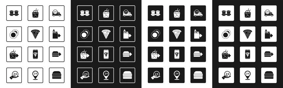 Set Fast delivery by car, Slice of pizza, Plate, Coffee cup to go, Online o.. Stock Illustration