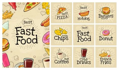Set fast food and bubble. Vector color flat icon on dark Stock Illustration