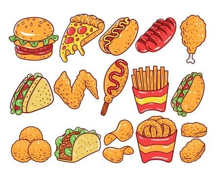 Set of fast food element hand-drawn illustration 库存插图
