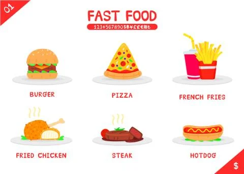 Set of fast food menu burger pizza french fries fried chicken steak and hot d Stock Illustration