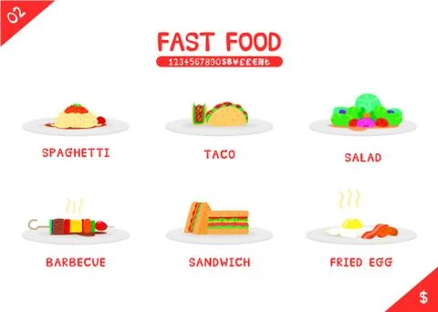 Set of fast food menu spaghetti taco salad barbecue sandwich and fried egg, F Stock Illustration