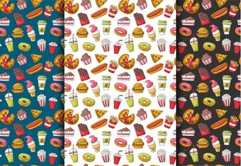 Set of fast food seamless pattern backgrounds. Restaurant menu decoration 스톡 일러스트