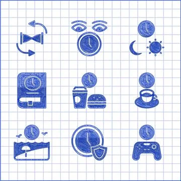 Set Fast food time, Clock with shield, Gamepad of, Coffee, Vacation, Time for Stock Illustration