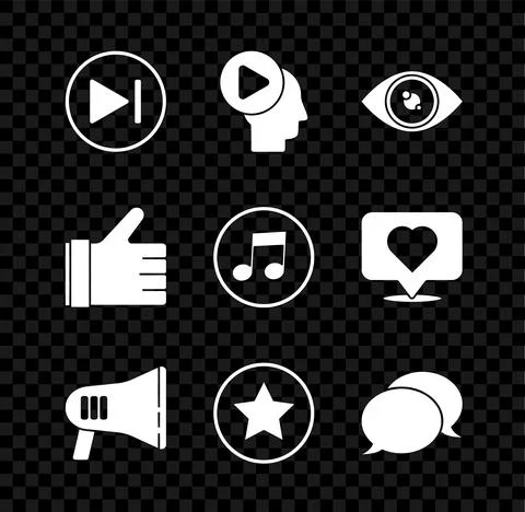 Set Fast forward, Head people with play button, Eye, Megaphone, Star, Speech Stock Illustration