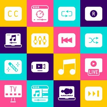 Set Fast forward, Live stream, Arrow shuffle, Repeat button, Sound mixer Stock Illustration