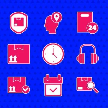 Set Fast time delivery, Calendar with check mark, Search package, Headphone.. Illustrazione stock