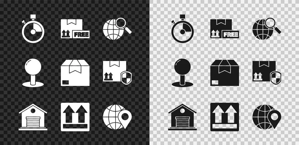Set Fast time delivery, Cardboard box with free symbol, Magnifying glass gl.. Stock Illustration