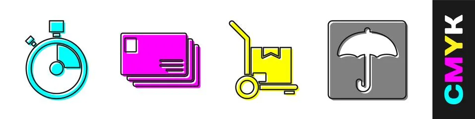Set Fast time delivery, Envelope, Hand truck and boxes and Umbrella icon. Vector Illustrazione stock