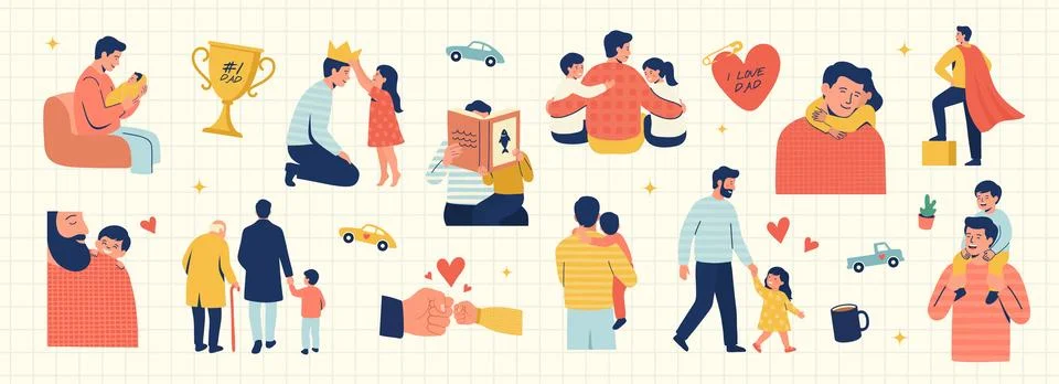Set of Father s Day elements in modern flat style. Collection featuring dad with Stock Illustration