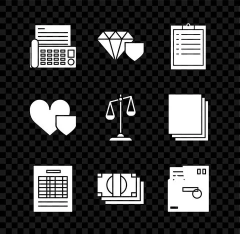 Set Fax machine, Diamond with shield, Clipboard checklist, Report file document イラスト素材