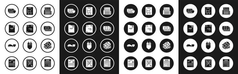 Set Fax machine, Ordered envelope, Personal folder, Money with shield, Stacks Stock Illustration