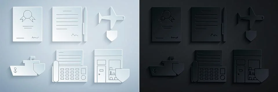 Set Fax machine, Plane with shield, Ship, Shopping building, Contract pen and Stock Illustration