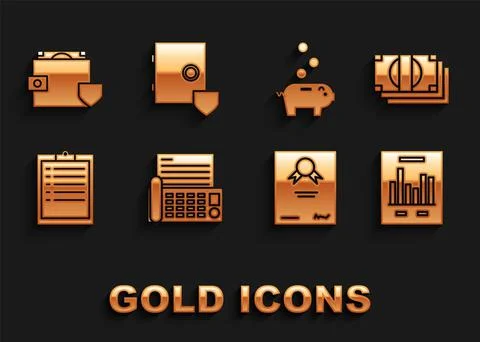 Set Fax machine, Stacks paper money cash, Document with graph chart, Certific 库存插图