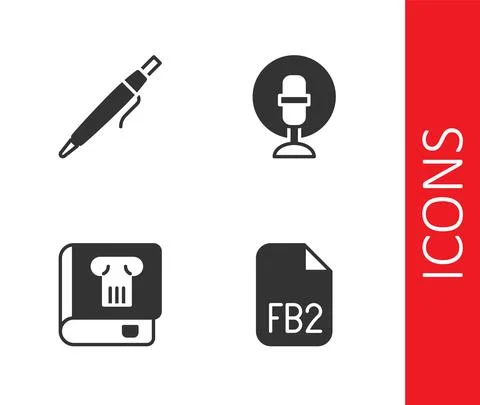 Set FB2 File, Pen, History book and Microphone icon. Vector Ilustración de archivo