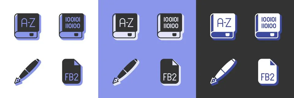 Set FB2 File, Translator book, Fountain pen nib and Books about programming icon Stock Illustration