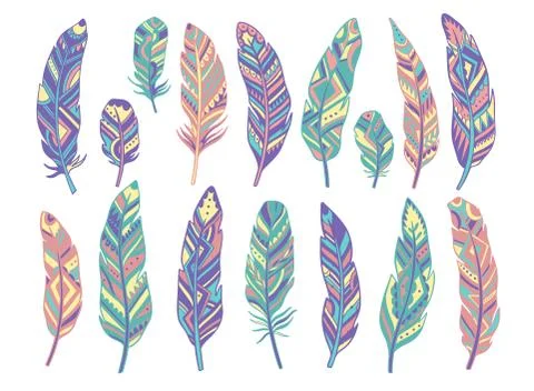 Set feather abstract isolated decoration. Boho rustic style. Stock Illustration