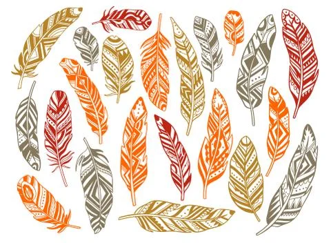 Set feather abstract isolated decoration. Boho rustic style. Stock Illustration