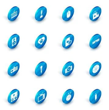 Set Feather and inkwell, Computer mouse, Paper shopping bag, Stereo speaker Illustrazione stock