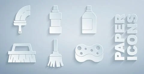Set Feather broom, Bottle for cleaning agent, Brush, Sponge, and Rubber cleaner Stock Illustration