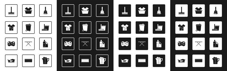 Set Feather broom, Trash can, Dirty t-shirt, Handle, Mop bucket, Basin with Stock Illustration