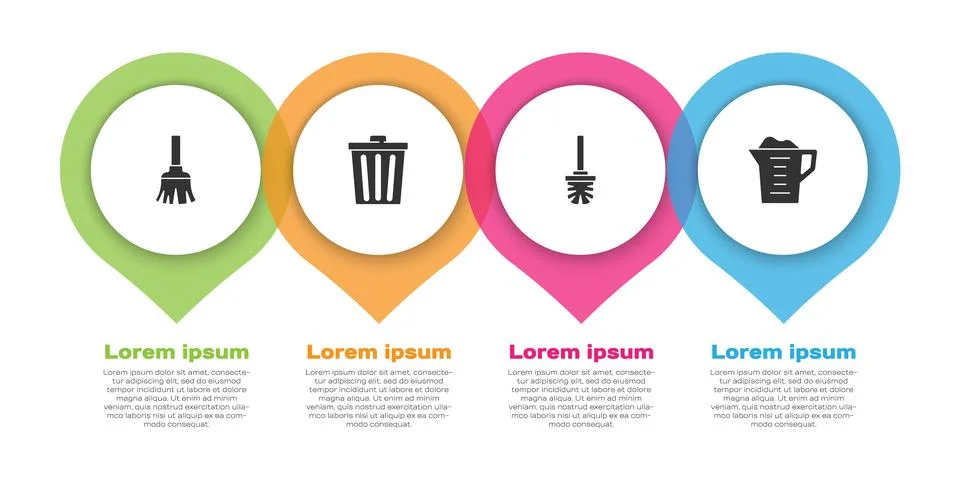 Set Feather broom, Trash can, Toilet brush and Washing powder. Business inf.. Illustrazione stock