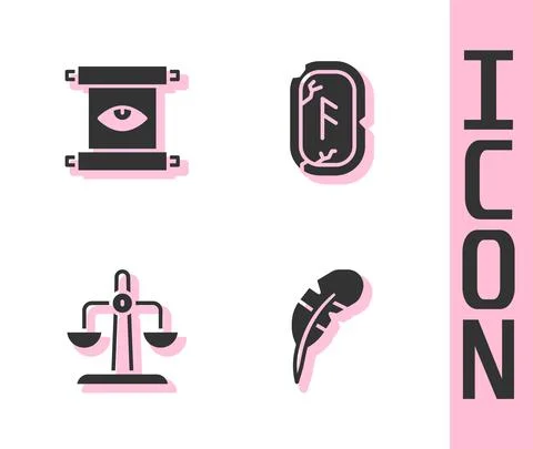 Set Feather pen, Ancient magic scroll, Libra zodiac and Magic runes icon. Vector イラスト素材