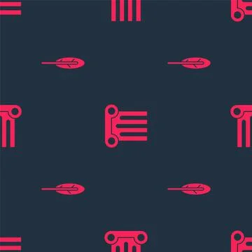 Set Feather pen and Ancient column on seamless pattern. Vector Illustrazione stock
