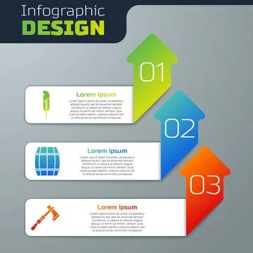 Set Feather pen, Wooden barrel and Tomahawk axe. Business infographic template Illustration