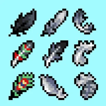 Set of feathers in pixel style Stock Illustration