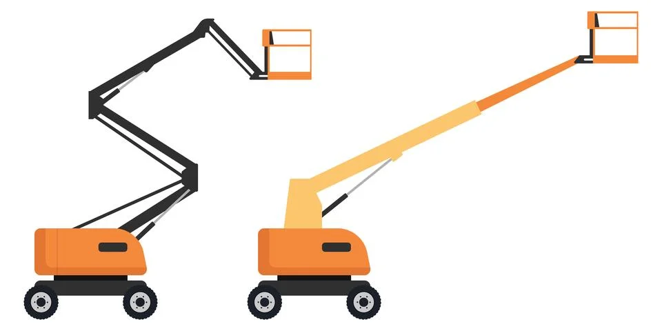 Set featuring articulating and telescopic boom lifts with work platforms. I.. Stock Illustration