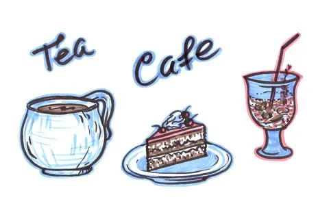 Set felt pen food elements in the style of line art on a white background. Pink Stock Illustration