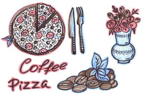 Set felt pen food elements in the style of line art on a white background. Pink Stock Illustration