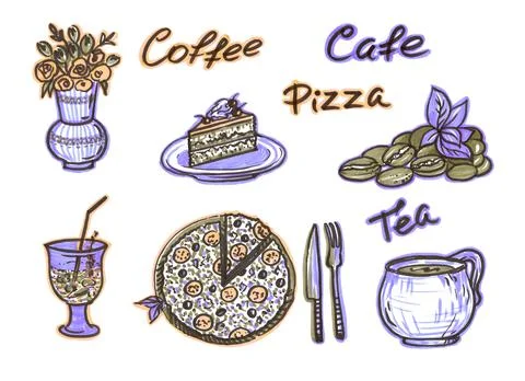 Set felt pen food elements in the style of line art on a white background. Beige Stock Illustration