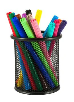 Set of felt-tip pens of different colors in holder Stock Photos
