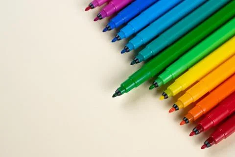 A set of felt-tip pens on a table Stock Photos