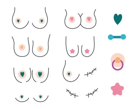 Set of female breasts, breasts of different sizes. Breast cancer. Stock Illustration