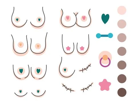 Set of female breasts, breasts of different sizes. Breast cancer. Stock Illustration