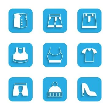 Set Female crop top, Beanie hat, Woman shoe, T-shirt, Men underpants, Skirt and Stock Illustration