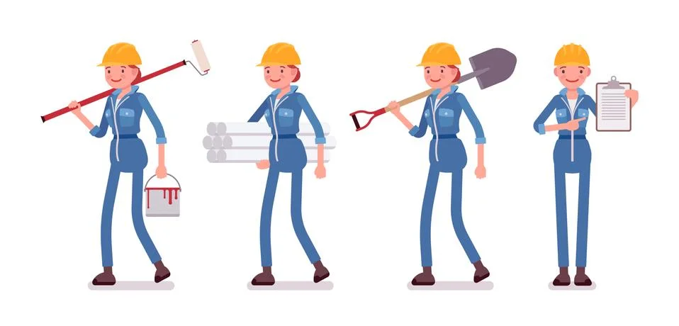 Set of female worker with different tools Stock Illustration