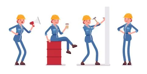 Set of female worker with tools, different situations Stock Illustration