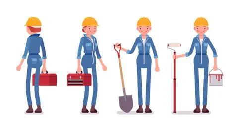 Set of female worker with tools, rear and front view Stock Illustration