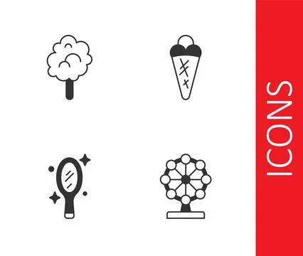 Set Ferris wheel, Cotton candy, Magic hand mirror and Ice cream in waffle i.. Stock Illustration
