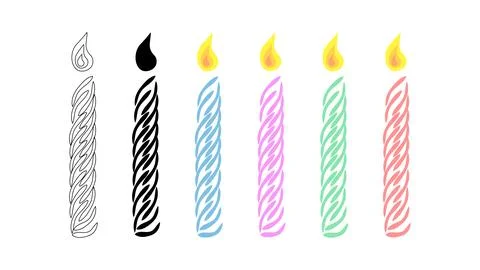 Set of festive burning multi-colored candles. Silhouette and outline. Wax spiral Stock Illustration